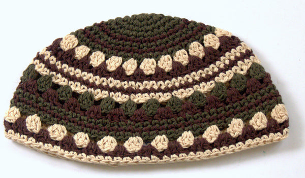 Frik Kippah Olive Brown Crochet Colorful Cotton Thick Knit Striped Israel 22 cm