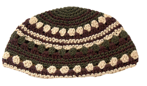 Frik Kippah Olive Brown Crochet Colorful Cotton Thick Knit Striped Israel 22 cm