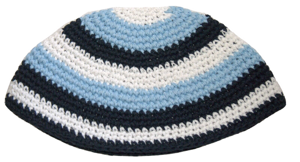 Frik Kippah Skull Cap Cotton Yamaka Crochet Aqua White Stripes Israel 22 cm