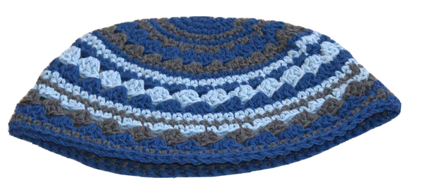 Frik Kippah Skull Cap Crochet Blue Aqua Gray Thick Knit Striped 21 cm