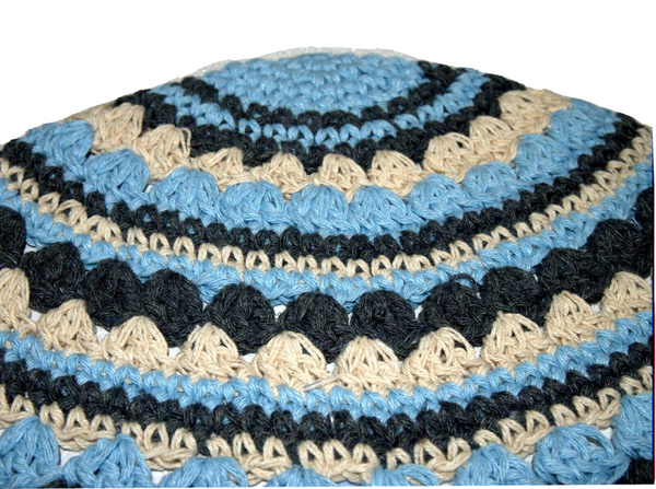 Frik Kippah Skullcap Yamaka Crochet Off White Aqua Gray Striped Israel 26 cm