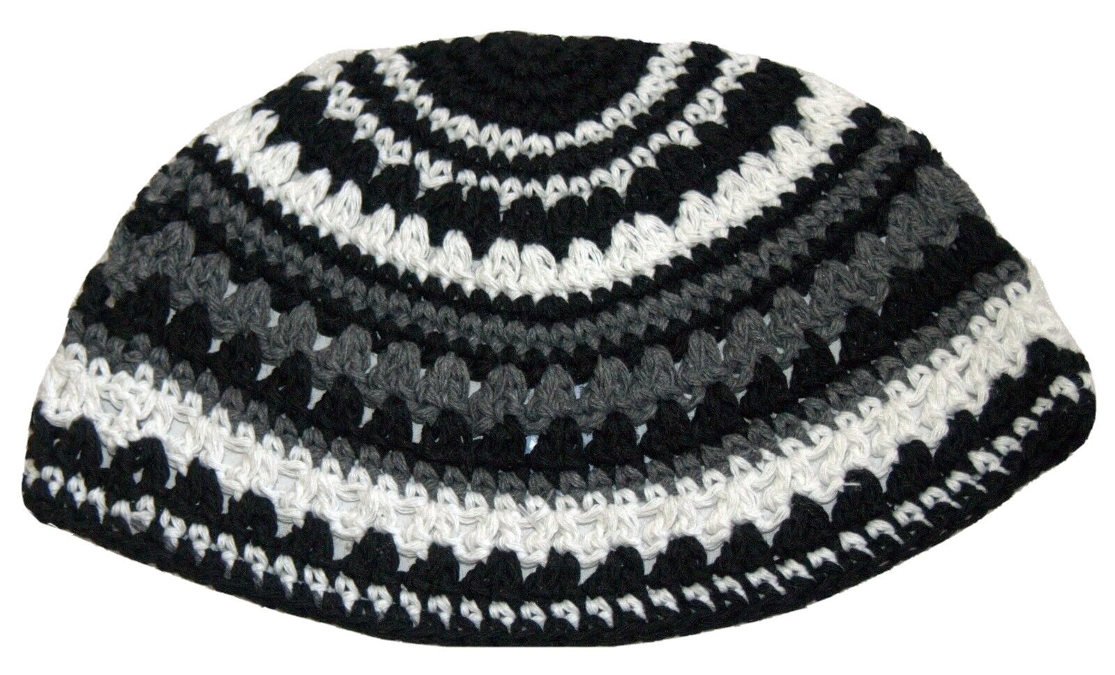 Frik Kippah Yarmulke Crochet Black Gray White Striped Israel 23 cm