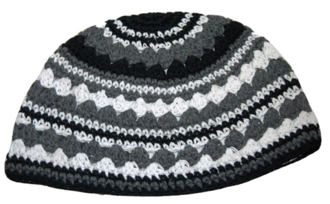 Frik Kippah Yarmulke Crochet Black Gray White Striped Israel 25 cm