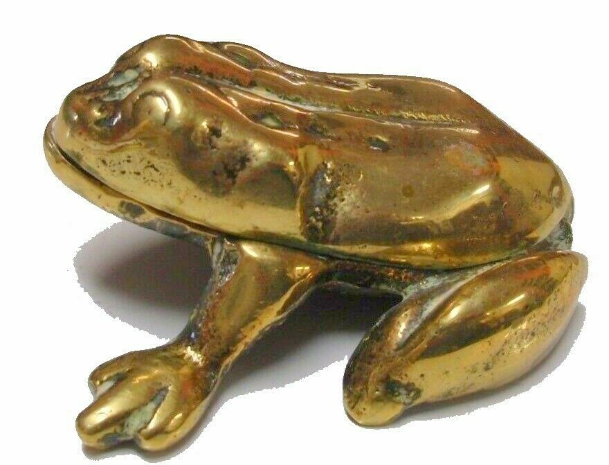 Frog Shape Trinket Pin Box Vintage Toad Figurine Hinged Lid Brass Miniature