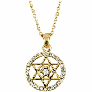 Gold Tone Magen David Clear Crystals Rhodium Pendant & Necklace Judaica Kabbalah
