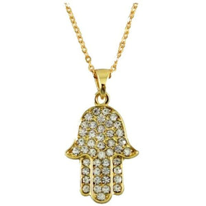 Golden Hamsa Pendant Inlaid w Clear Crystals Rhodium Necklace Judaica Kabbalah