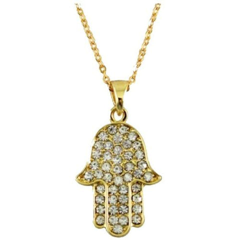 Golden Hamsa Pendant Inlaid w Clear Crystals Rhodium Necklace Judaica Kabbalah