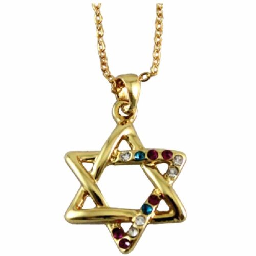 Golden Magen David Star Crystals Rhodium Pendant & Necklace Judaica Kabbalah