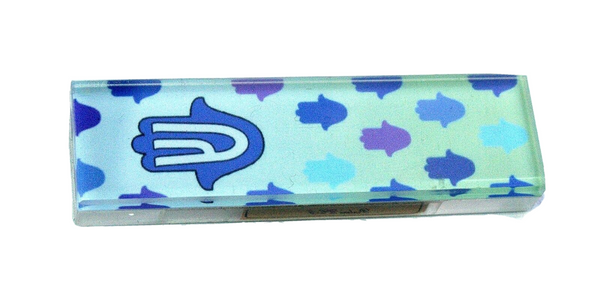 Judaica Car Mezuzah Case Perspex Blue Hamsa 4 cm