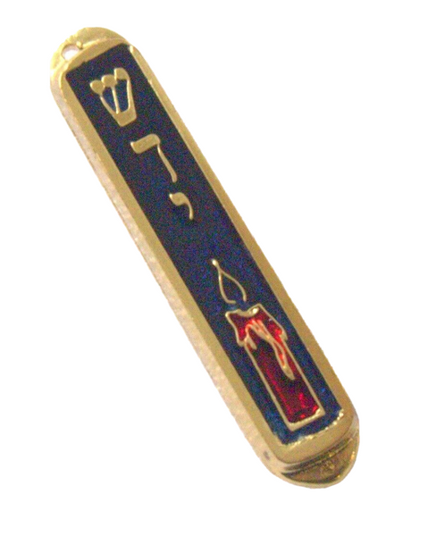 Judaica Car Mezuzah Case Travel Protection Charm Blue Enamel Shadai Candle 4 cm