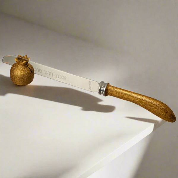 judaica-challah-bread-knife-aluminum-gold-pomegranate-stand-shabbat-holiday
 1