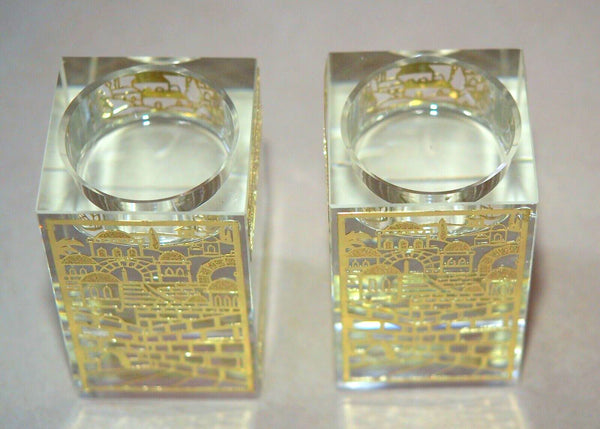 Judaica Crystal Candle Holders Candlesticks Shabbat Gold Metal Plaque Jerusalem