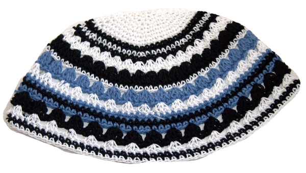 Judaica Frik Kippah Black Blue White Striped Knitted Cotton Stretch Israel 22 cm