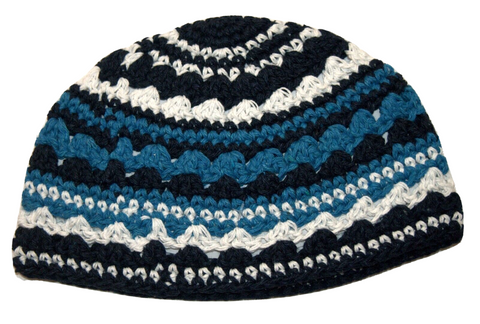 Judaica Frik Kippah Blue White Black Striped Knitted Cotton Stretch Israel 21 cm
