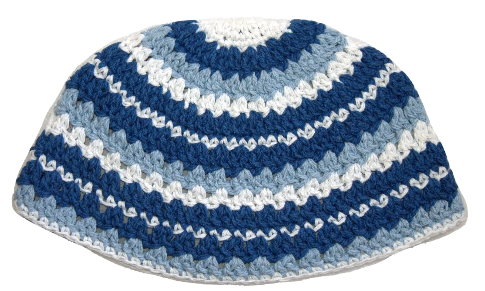 Judaica Frik Kippah Aqua White Blue Striped Knitted Cotton Stretch Israel 21 cm