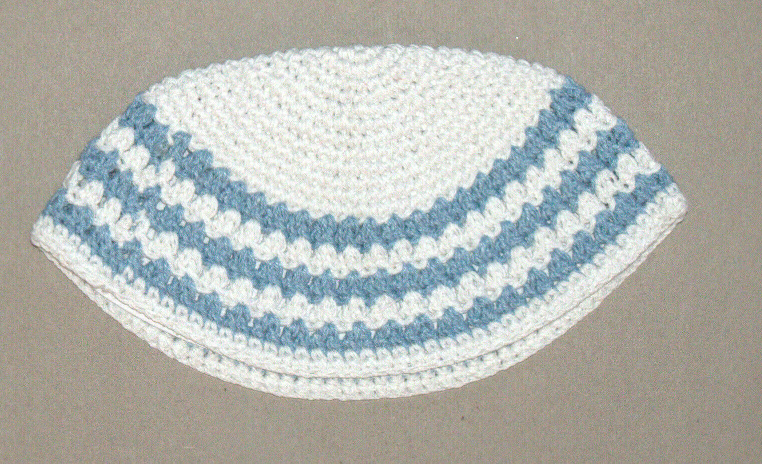 Judaica Frik Kippah Yarmulke Crochet Cotton Knit White Aqua Stripes Israel 21 cm