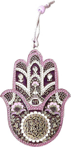 Judaica Kabbalah Hamsa Silver Plated Pink Purple Enamel Wall Hang Evil Eye Hai