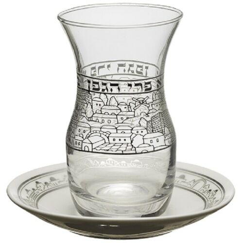 Judaica Kiddush Cup Glass Goblet Ceramic Saucer Shabbat Clear Silver Jerusalem