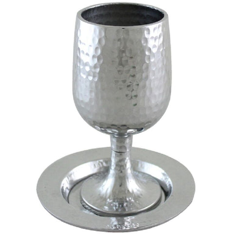 Judaica Kiddush Cup Goblet Saucer Hammered Aluminum Shabbat Silver