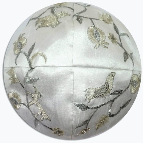 Judaica Kippah White Silver Gold Birds Embroidered Yarmulke Yamaka 22 cm Israel