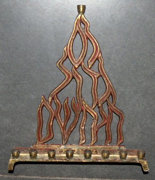 Judaica Menorah Hanukkah Vintage Israel Flame Nes Gadol Red Signed KL Hakuli