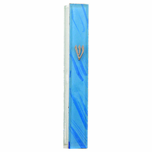 Judaica Mezuzah Case Blue Aqua Glass Splash Pattern Silver SHIN 12 cm