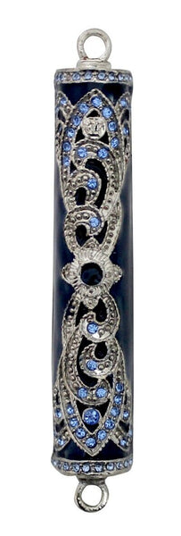 Judaica Mezuzah Case Blue Enamel Aqua Crystals Silver Ethnic Decoration 7 cm