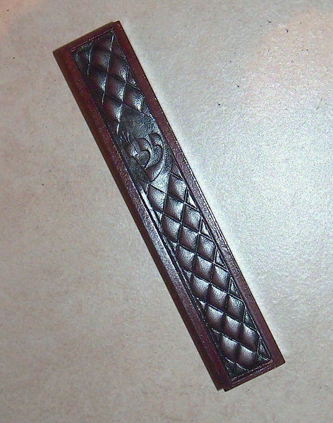 Judaica Mezuzah Case Brown Wood Etched Leather Front SHIN 12 cm Closed Back