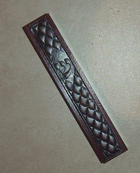 Judaica Mezuzah Case Brown Wood Etched Leather Front SHIN 12 cm Closed Back