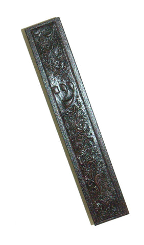 Judaica Mezuzah Case Brown Wood Oriental Decorated Leather Front 12 cm