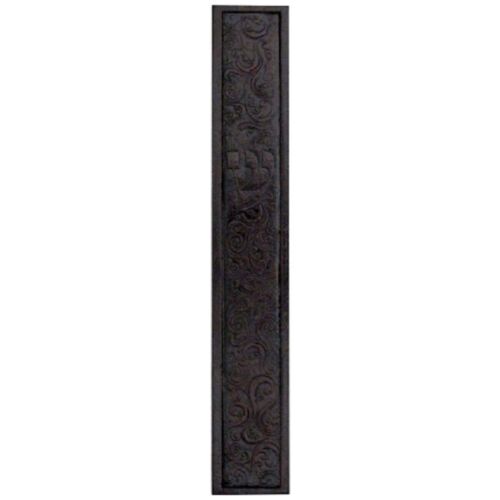 Judaica Mezuzah Case Brown Wood Oriental Decorated Leather Front 12 cm