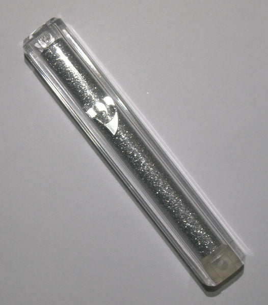 Judaica Mezuzah Case Clear Sparkling Silver Plastic Tube Closed Back 10 cm