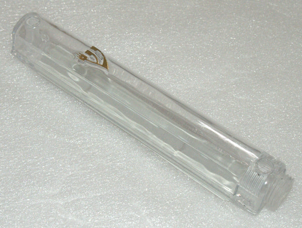 Judaica Mezuzah Case Clear Transparent Plastic Golden Shin Closed Back 10 cm