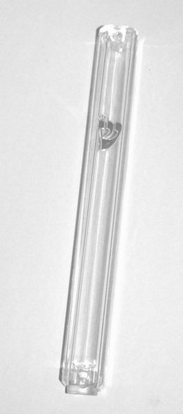 Judaica Mezuzah Case Clear Transparent Plastic Silver Shin Closed Back 15 cm