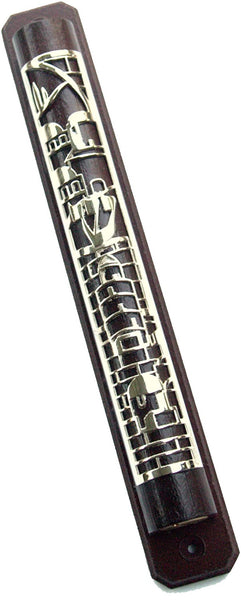 Judaica Mezuzah Case Dark Brown Wood w Metal Plate Jerusalem View 12 cm