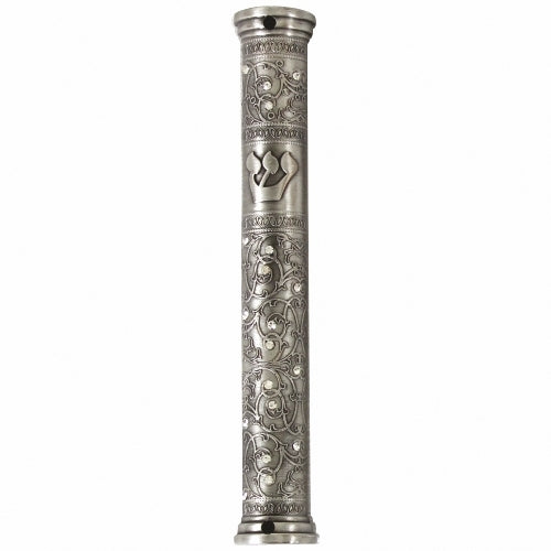 Judaica Mezuzah Case Engraved Inlaid Crystals Pewter Filigree Decorated 12 cm