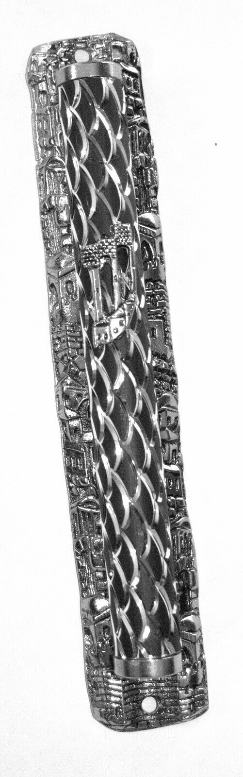 Judaica Mezuzah Case Engraved Jerusalem View Silver Tone Decorated 12 cm