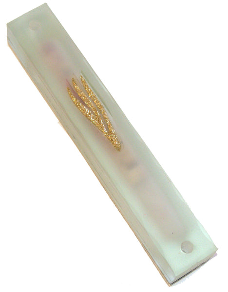 Judaica Mezuzah Case Frosted Matte Glass Sparkling Gold Shin 10 cm Judaism