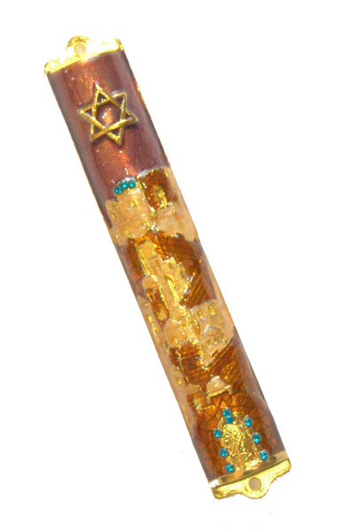 Judaica Mezuzah Case Jerusalem Gold Brown Enamel Decorated Blue Crystals 12 cm
