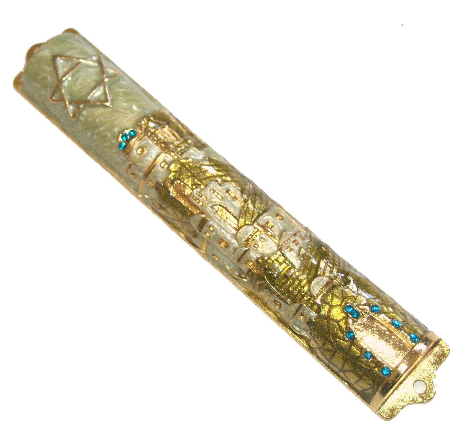 Judaica Mezuzah Case Jerusalem Gold Pearl Enamel Decorated Blue Crystals 12 cm
