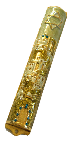 Judaica Mezuzah Case Jerusalem Gold Pearl Enamel Decorated Blue Crystals 12 cm