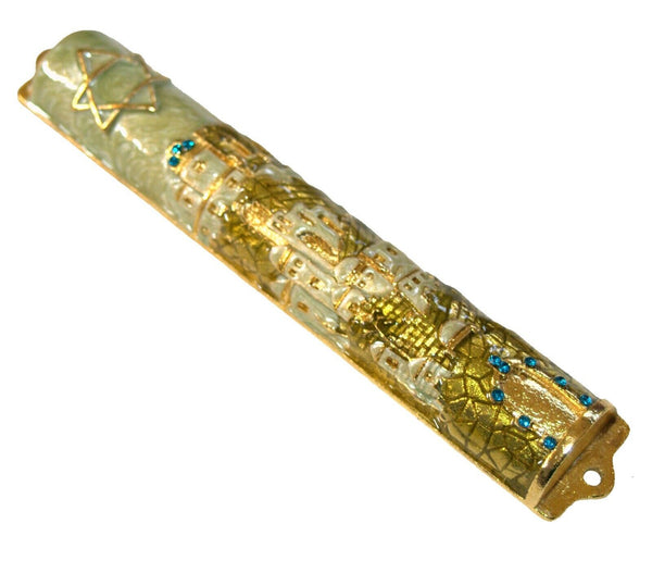 Judaica Mezuzah Case Jerusalem Gold Pearl Enamel Decorated Blue Crystals 10 cm