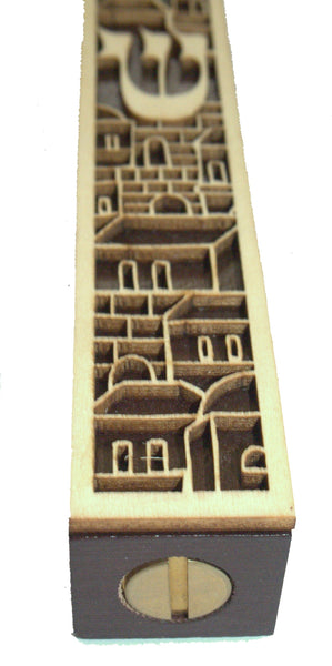 Judaica Mezuzah Case Laser Cut Dark Brown Ecru Wood Jerusalem View 15 cm