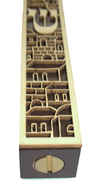 Judaica Mezuzah Case Laser Cut Dark Brown Ecru Wood Jerusalem View 12 cm