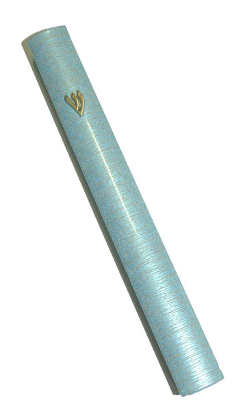 Judaica Mezuzah Case Metallic Pale Blue Gray Stripes Aluminum 12 cm Closed Back
