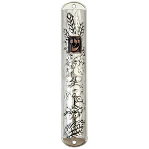 Judaica Mezuzah Case Nickel Plated Seven Species Copper SHIN 12 cm Israel Jewish