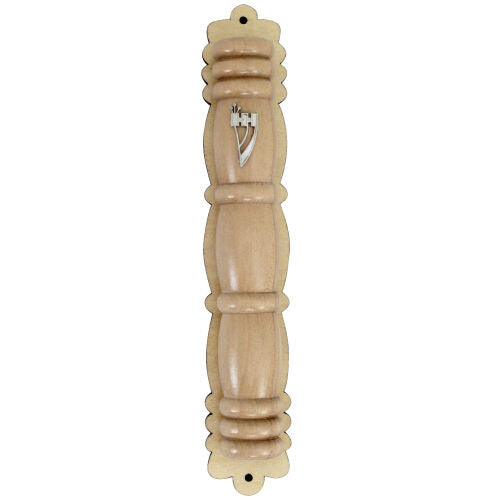 Judaica Mezuzah Case Pale Beige Wood Semi Round With Back Decorative SHIN 12 cm