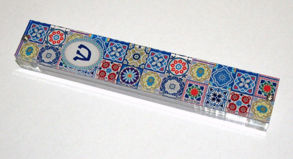 Judaica Mezuzah Case Perspex Colorful Geometric Mosaic Print Pattern 10 cm