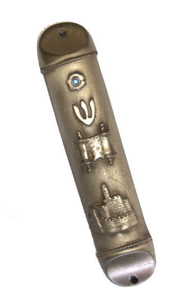 Judaica Mezuzah Case Pewter Torah Scroll Jerusalem Relief Aqua Gem 12 cm