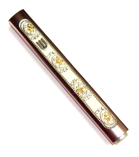 Judaica Mezuzah Case Pink Aluminum Clear Gold Crystals Closed Back 10 cm